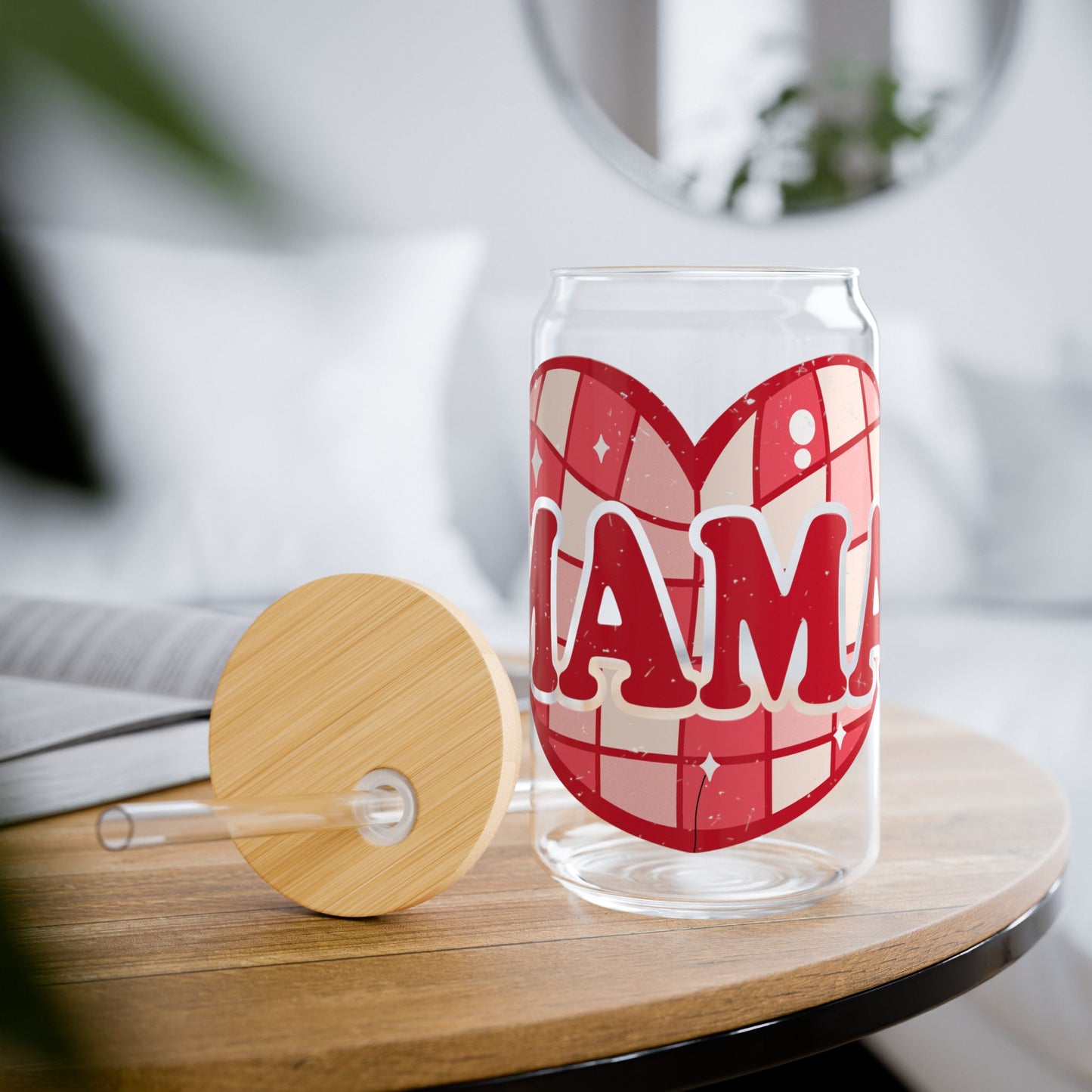 16oz Glass Sipper – Red Heart 'Mama' Design