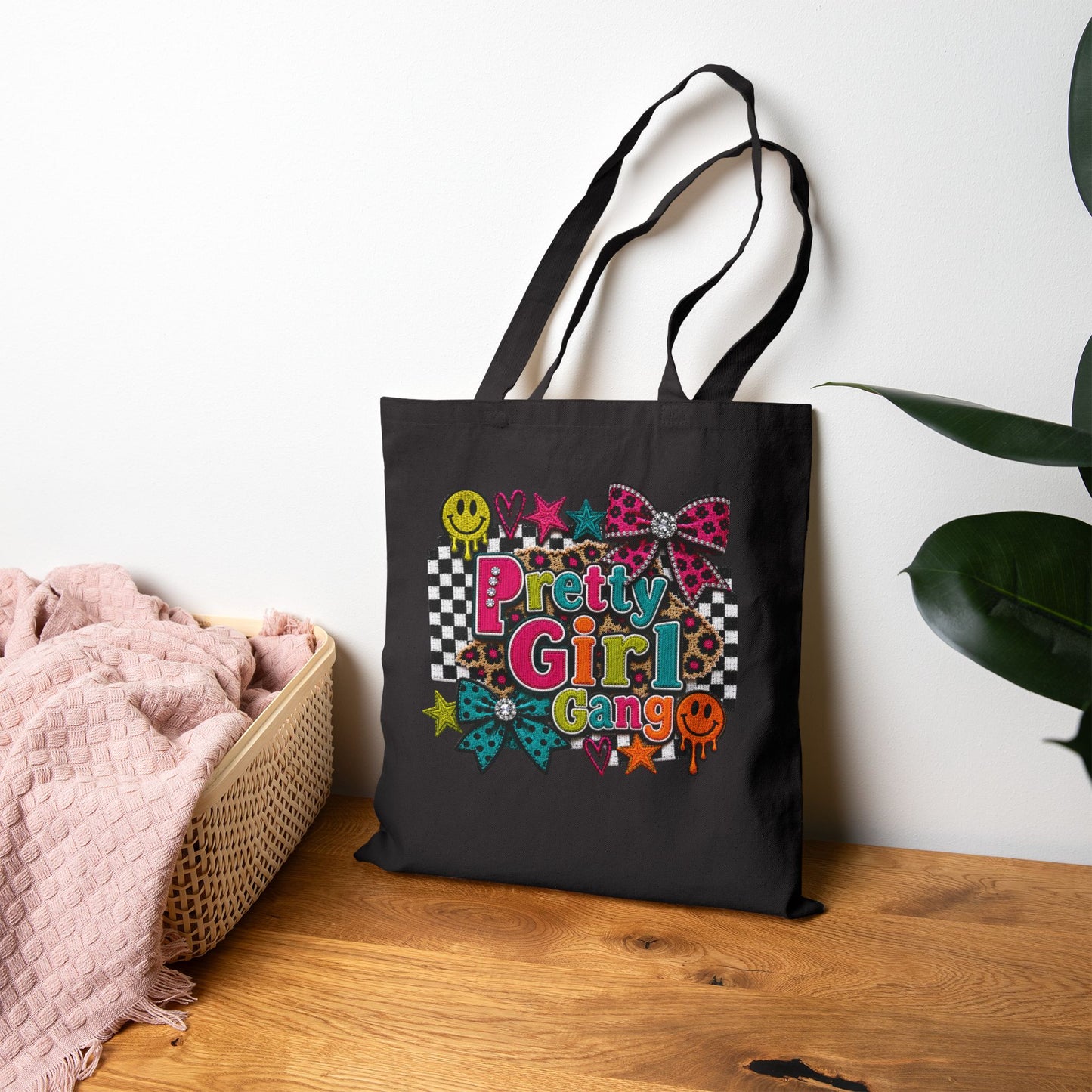 Pretty Girl Gang Canvas Tote — Retro Checkerboard, Smiley & Bow Graphic Tote Bag