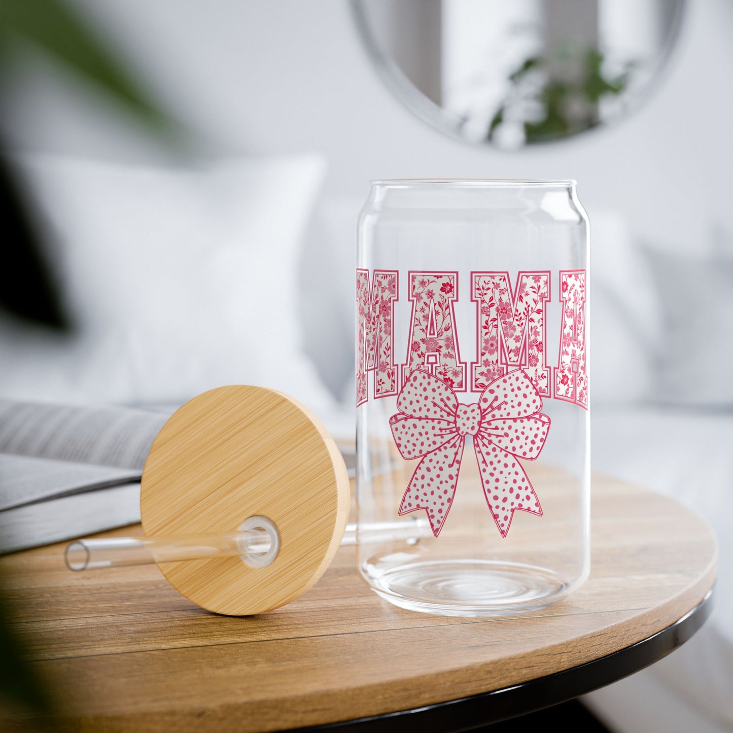 ”MAMA” 16oz Sipper Glass - Pink Bow Design