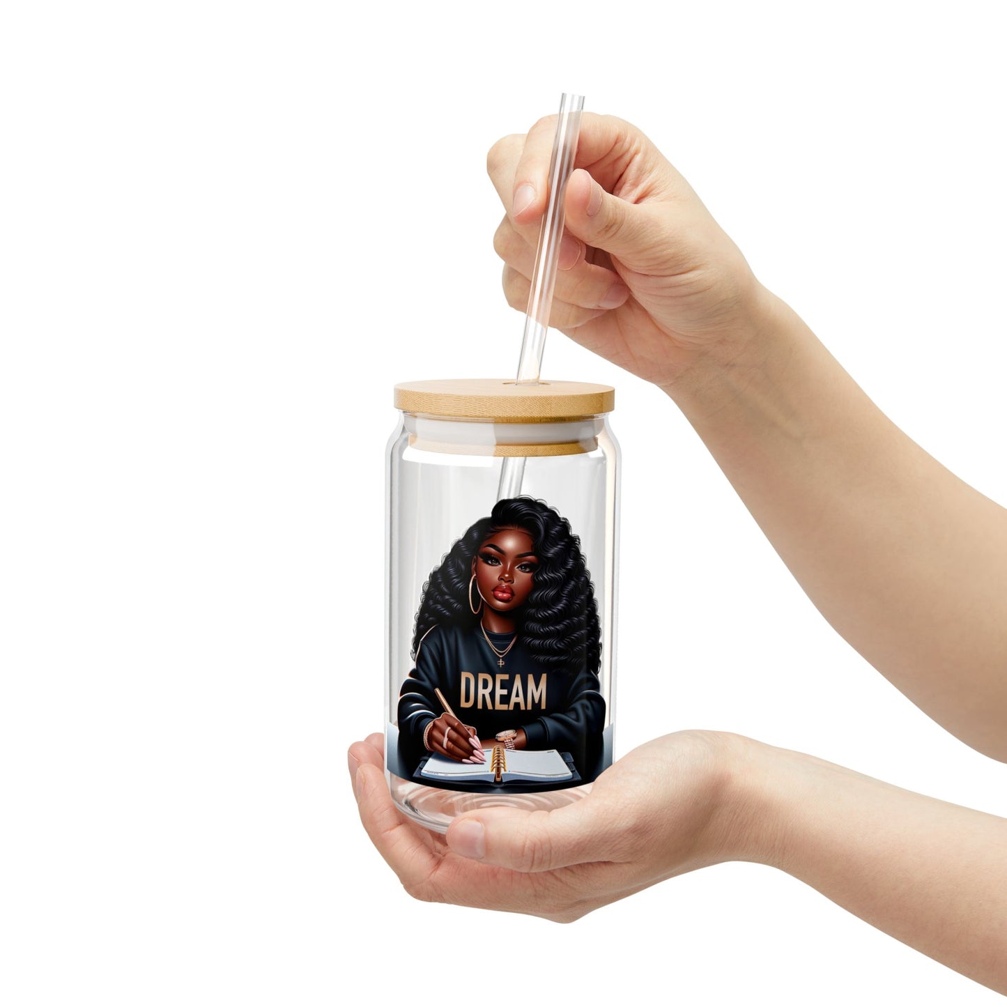 16oz Glass Sipper Tumbler — 'Dream' Bamboo Lid & Straw ( can personalize)