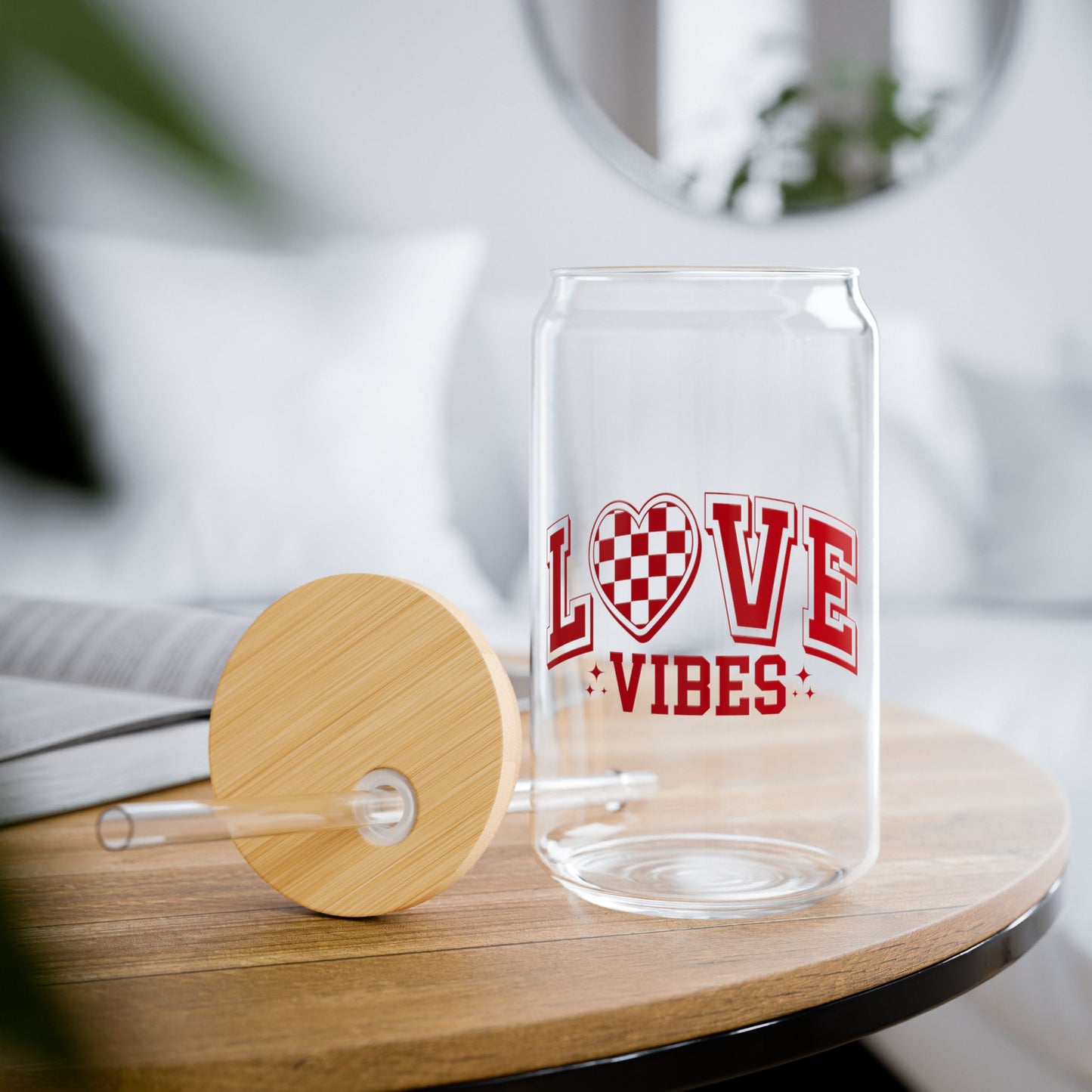 Love Vibes 16oz Sipper Glass - Heart Checkerboard Design, Reusable Straw Tumbler