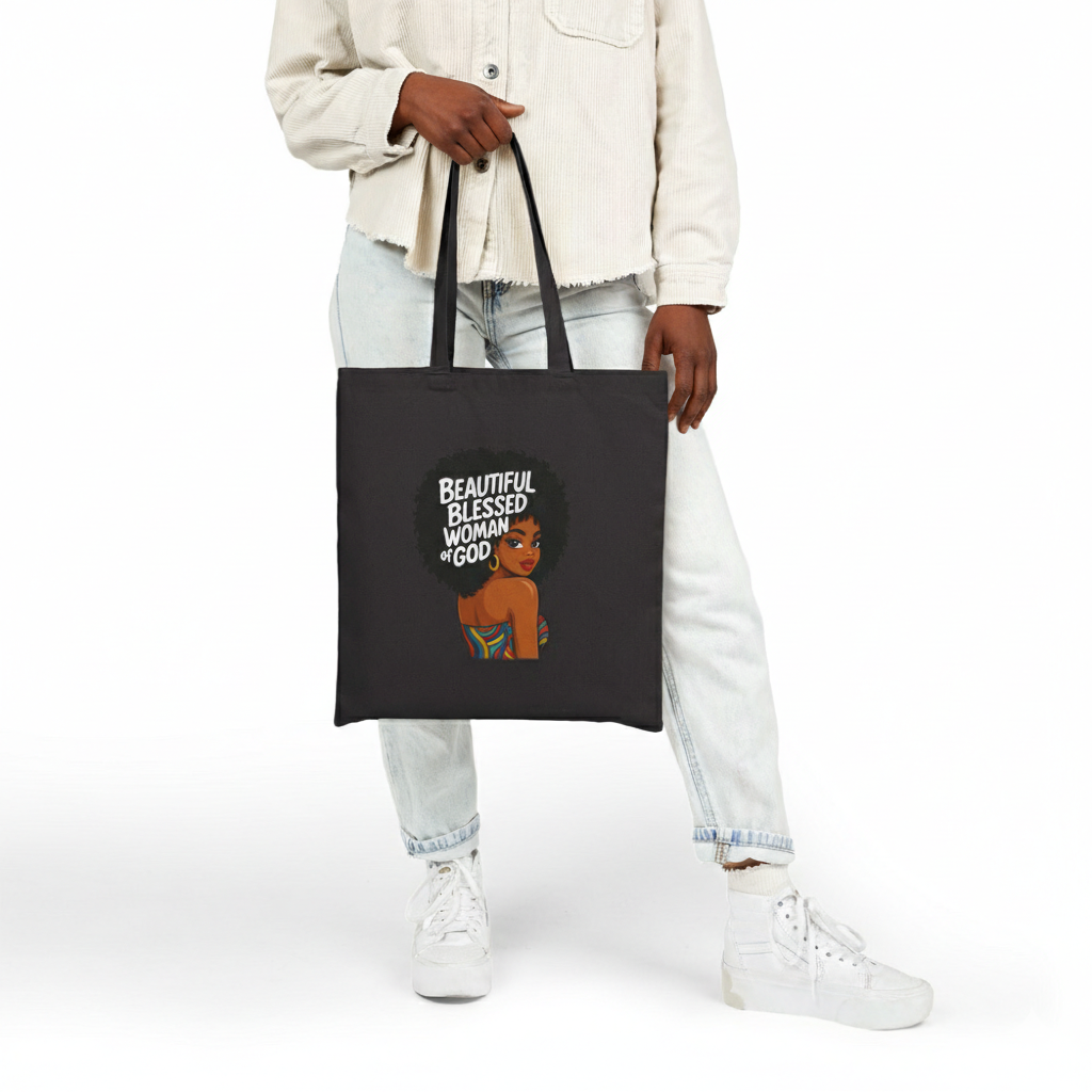 Tote Bag — "Beautiful Blessed Woman of God" Afro Queen Canvas Tote