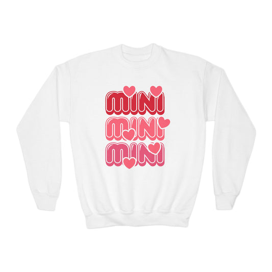 Youth Crewneck Sweatshirt — "Mini Mini Mini" Pink Heart Retro Graphic