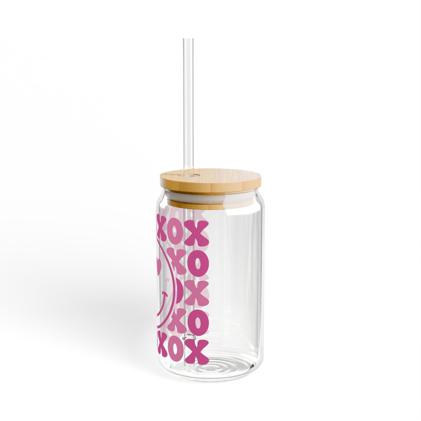 Sipper Glass — Pink XOXO Heart-Eyes Smile Canister (16oz)