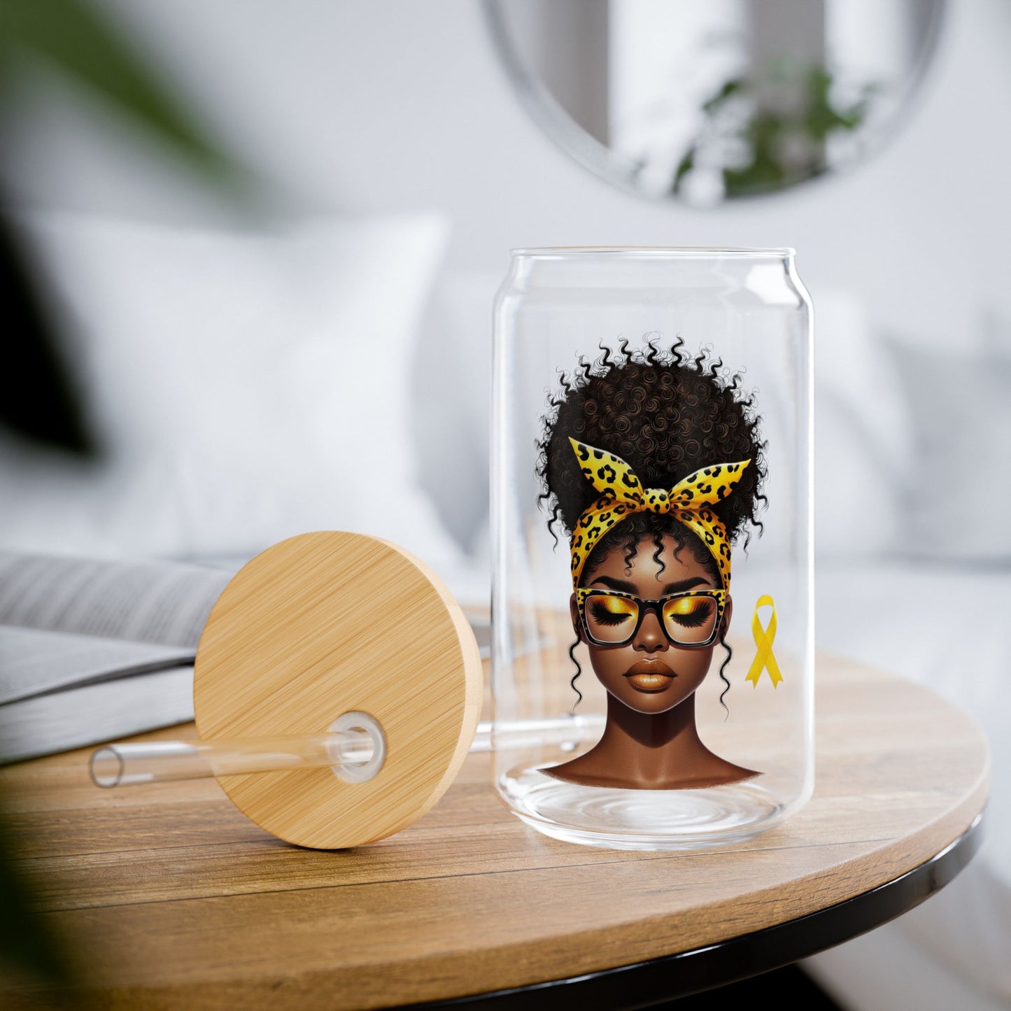 16oz Glass Sipper - Natural Hair Afro Woman with Yellow Ribbon