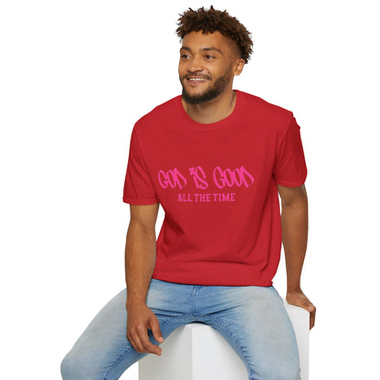 God Is Good All The Time T-Shirt — Faith-Based Christian Tee (Pink Script)