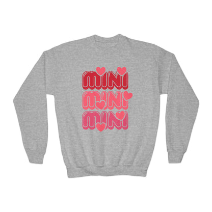 Youth Crewneck Sweatshirt — "Mini Mini Mini" Pink Heart Retro Graphic