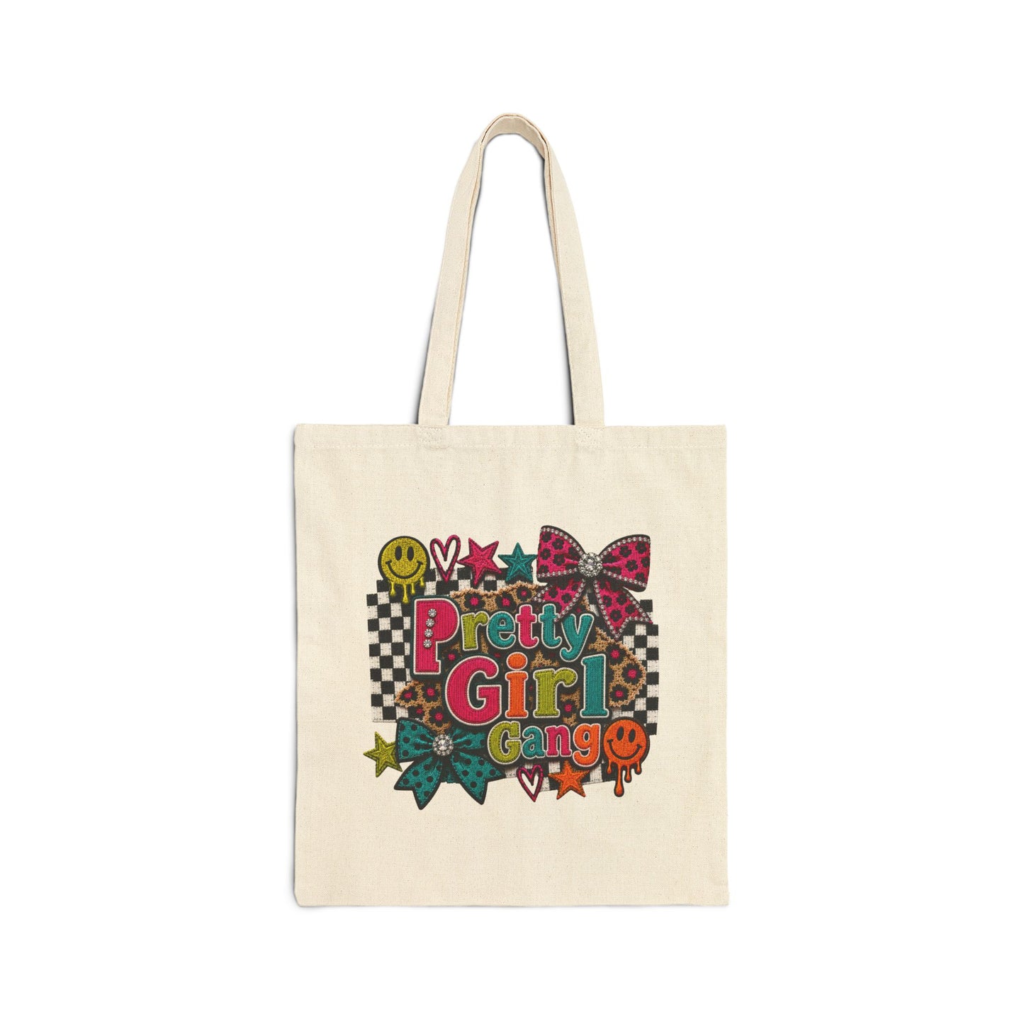 Pretty Girl Gang Canvas Tote — Retro Checkerboard, Smiley & Bow Graphic Tote Bag