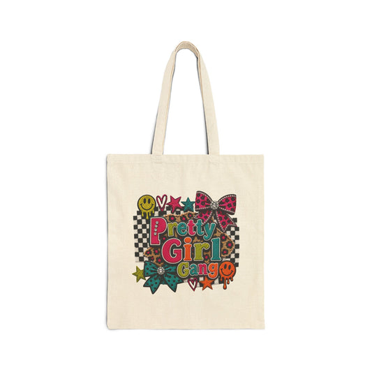 Pretty Girl Gang Canvas Tote — Retro Checkerboard, Smiley & Bow Graphic Tote Bag