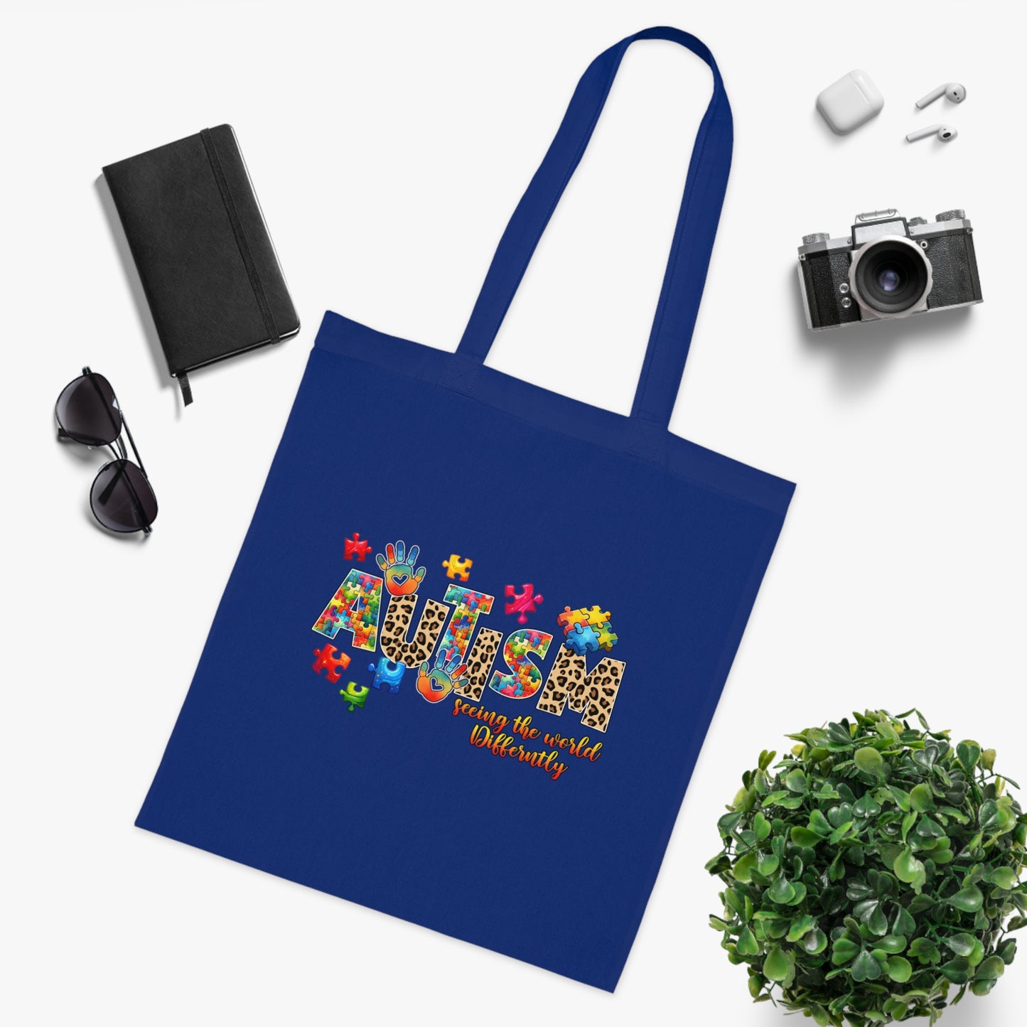Autism Awareness Cotton Tote — "Autism: Different Not Less" Puzzle-Print Eco Bag