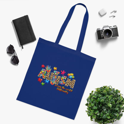 Autism Awareness Cotton Tote — "Autism: Different Not Less" Puzzle-Print Eco Bag