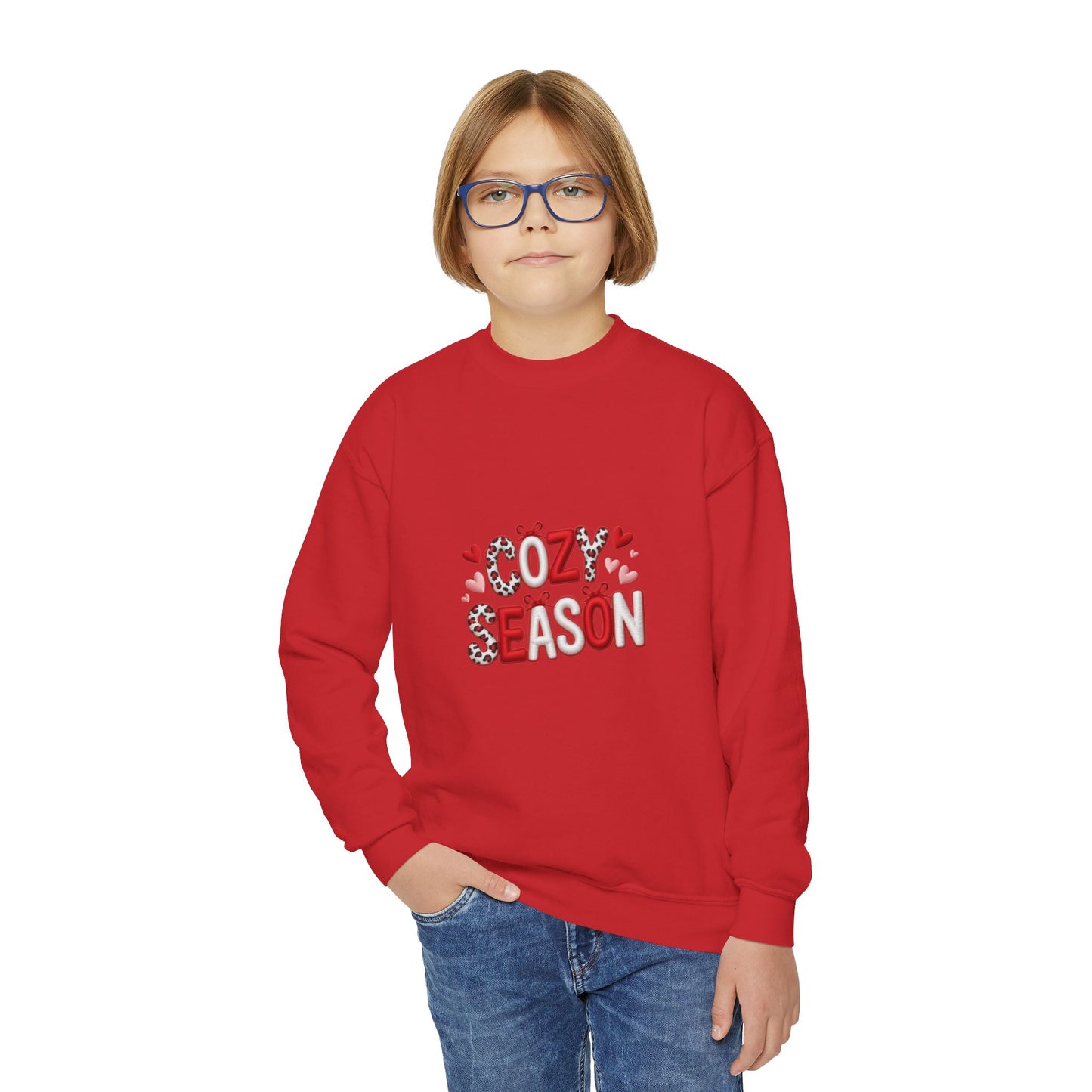 Cozy Season Youth Sweatshirt – Cute Heart & Leopard Crewneck