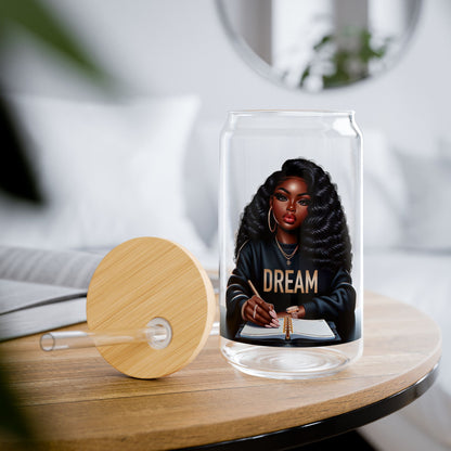 16oz Glass Sipper Tumbler — 'Dream' Bamboo Lid & Straw ( can personalize)