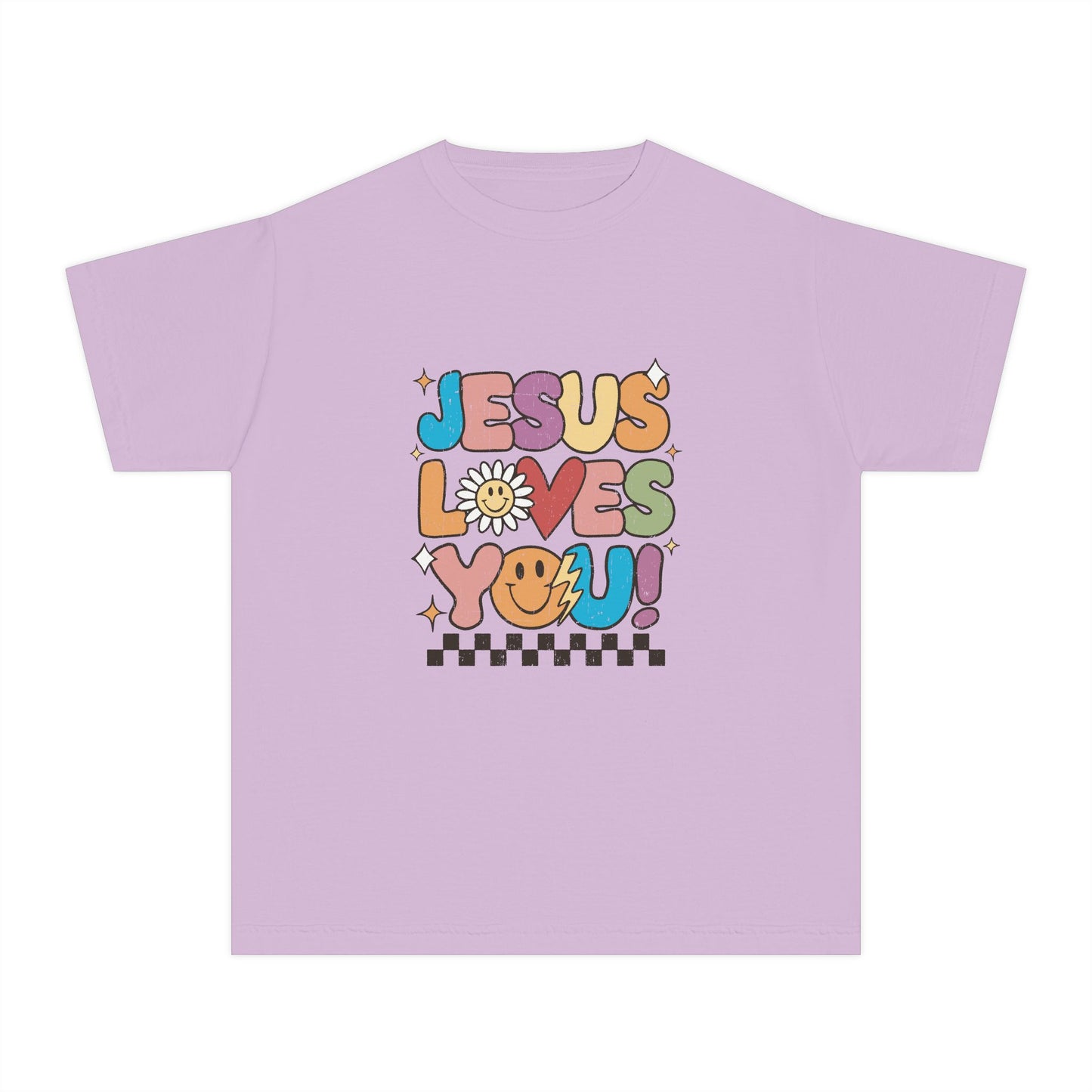 Youth Tee — "Jesus Loves You" Retro Rainbow Daisy Kids Shirt
