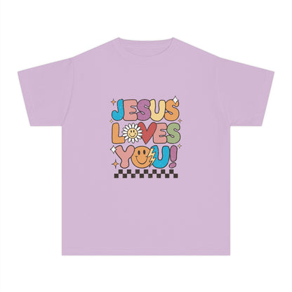 Youth Tee — "Jesus Loves You" Retro Rainbow Daisy Kids Shirt