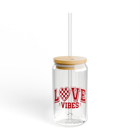 Love Vibes 16oz Sipper Glass - Heart Checkerboard Design, Reusable Straw Tumbler
