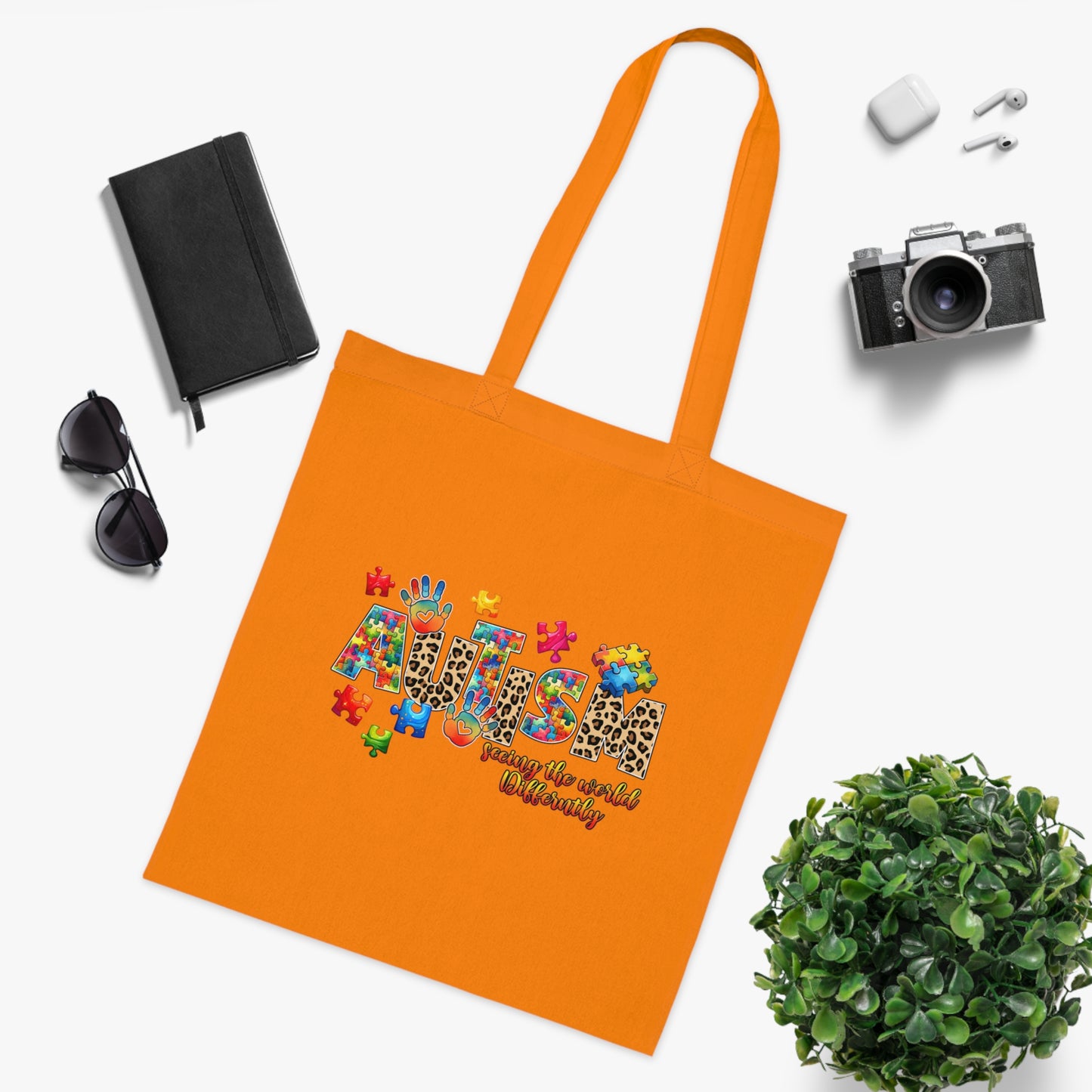 Autism Awareness Cotton Tote — "Autism: Different Not Less" Puzzle-Print Eco Bag
