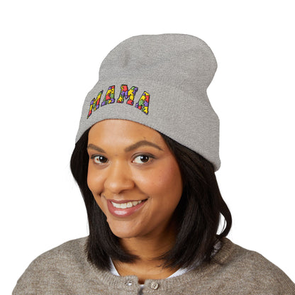 Mama Floral Embroidered Cuffed Beanie — Cozy Knit Mom Hat