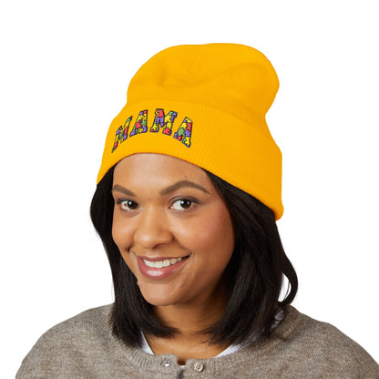 Mama Floral Embroidered Cuffed Beanie — Cozy Knit Mom Hat