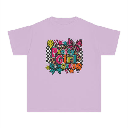 Pretty Girl Gang Youth Tee - Colorful Bow & Checkerboard Graphic Shirt