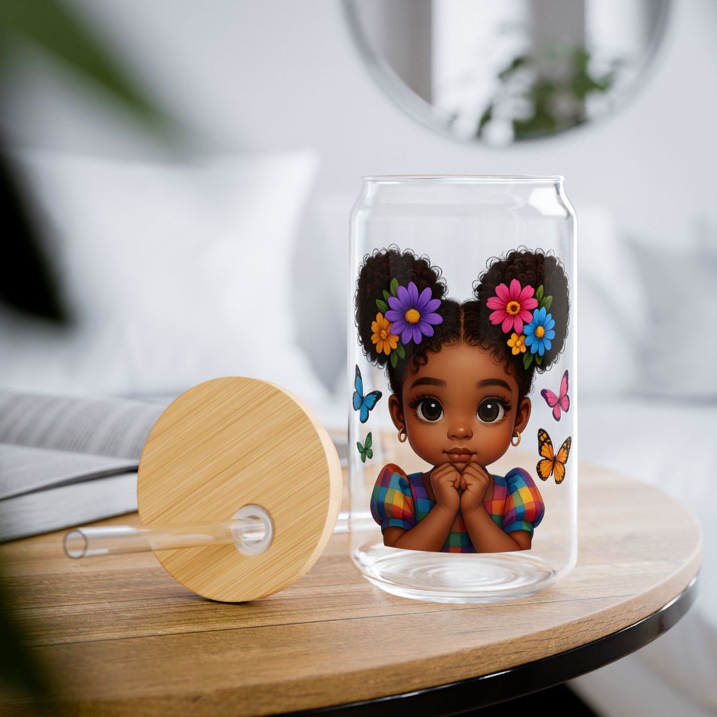 16oz Sipper Glass - Cute Afro Girl with Flowers & Butterflies