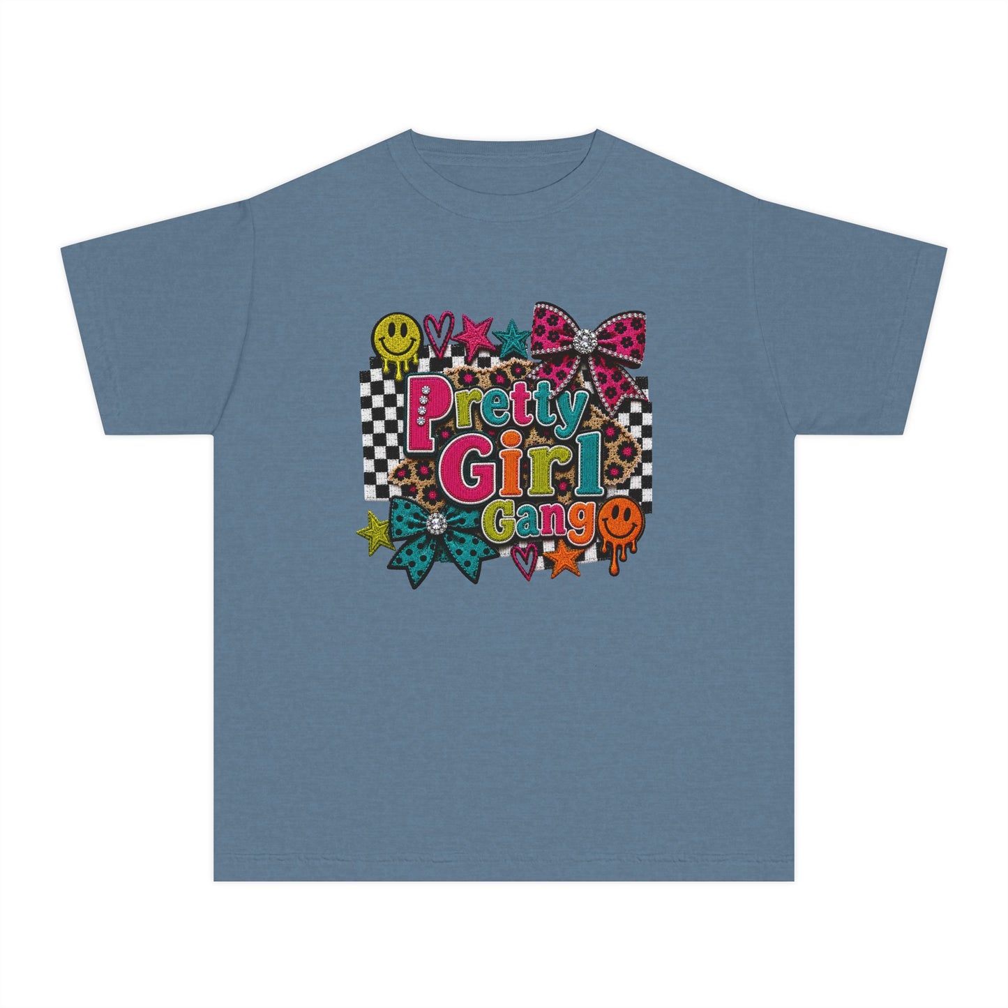 Pretty Girl Gang Youth Tee - Colorful Bow & Checkerboard Graphic Shirt