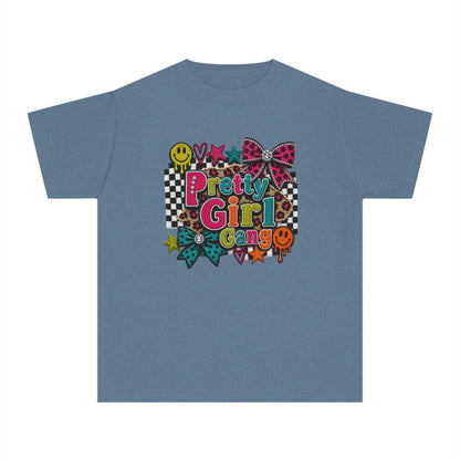 Pretty Girl Gang Youth Tee - Colorful Bow & Checkerboard Graphic Shirt