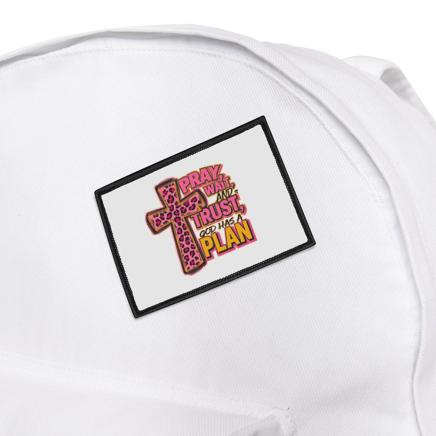 Iron-On Patch – 'Pray, Trust, Plan' Cross Patch (Faith-Inspired Patch)