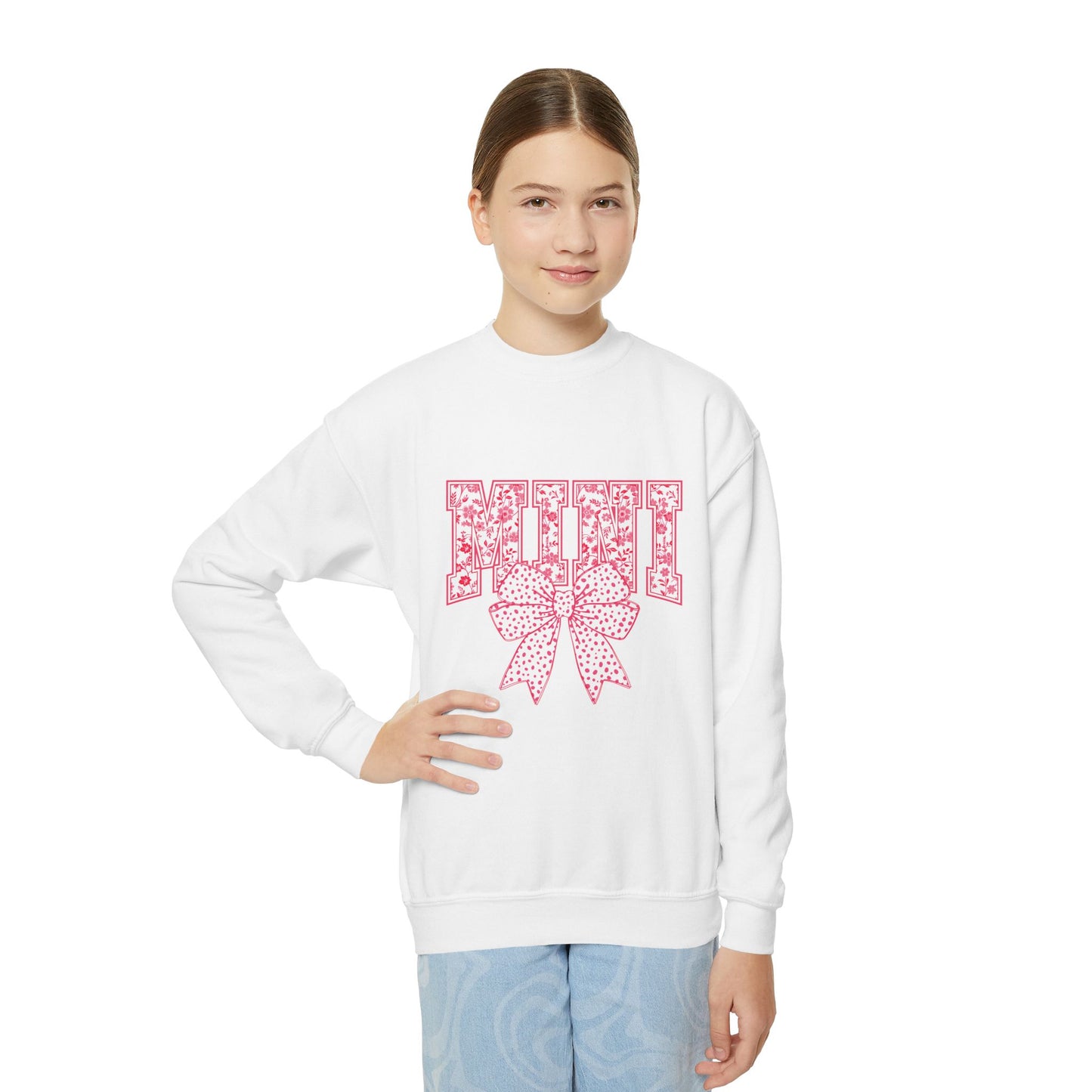 Youth Crewneck Sweatshirt — Pink Floral 'Mini' Bow Graphic