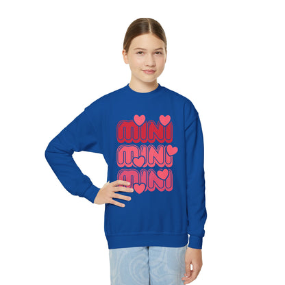 Youth Crewneck Sweatshirt — "Mini Mini Mini" Pink Heart Retro Graphic