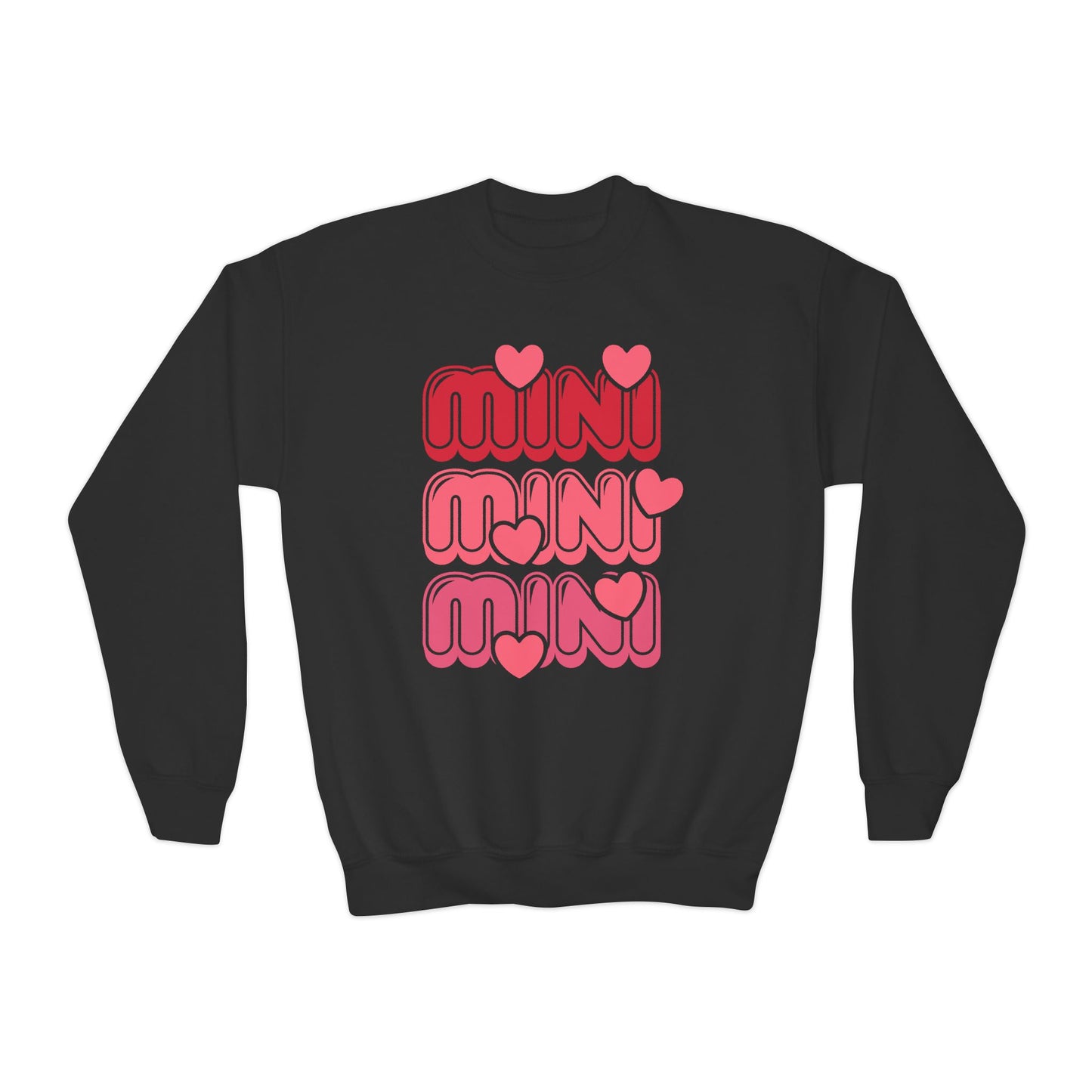 Youth Crewneck Sweatshirt — "Mini Mini Mini" Pink Heart Retro Graphic