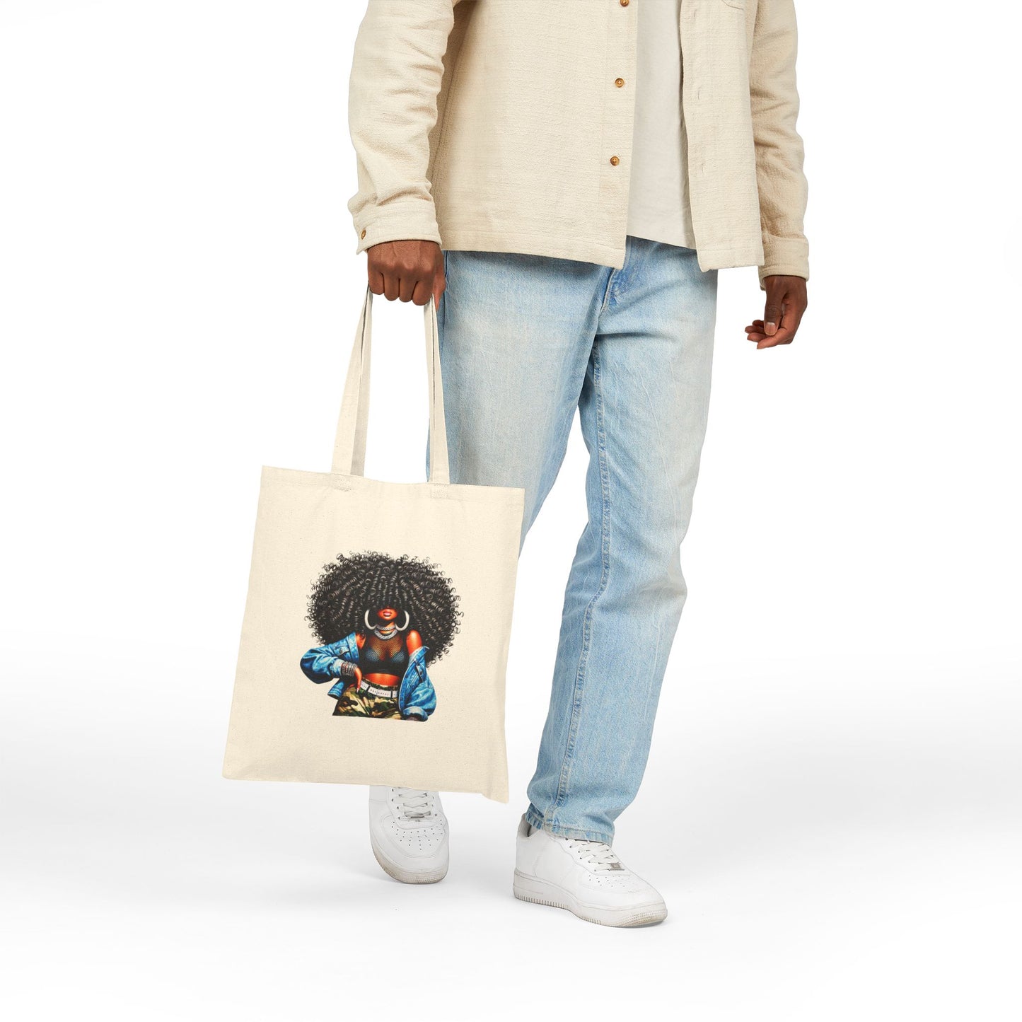 Canvas Tote Bag — Empowering Black Sister Art Print Tote (Afro Woman & "Black is Beautiful" Typography)
