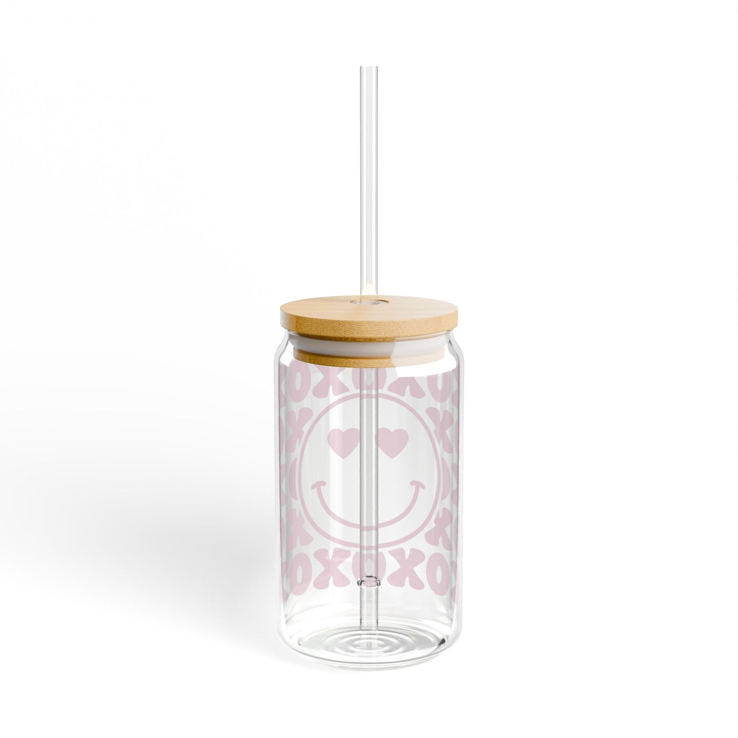 Sipper Glass — Pink XOXO Heart-Eyes Smile Canister (16oz)