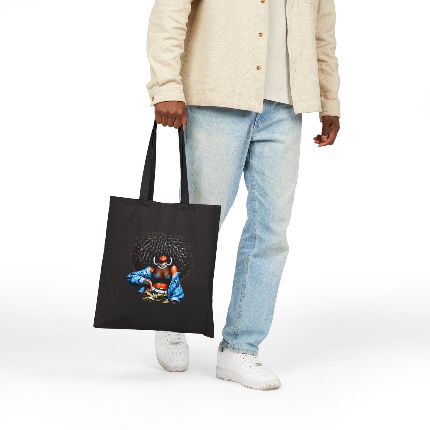 Canvas Tote Bag — Empowering Black Sister Art Print Tote (Afro Woman & "Black is Beautiful" Typography)