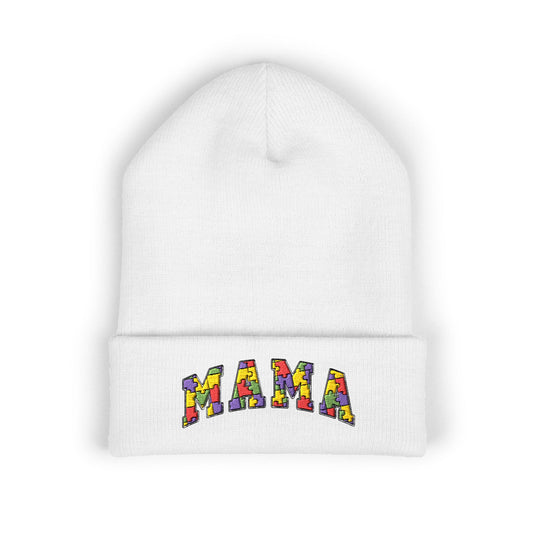 Mama Floral Embroidered Cuffed Beanie — Cozy Knit Mom Hat