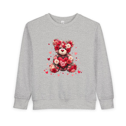 Toddler Sweatshirt — Floral Heart Teddy Bear Valentine Pullover