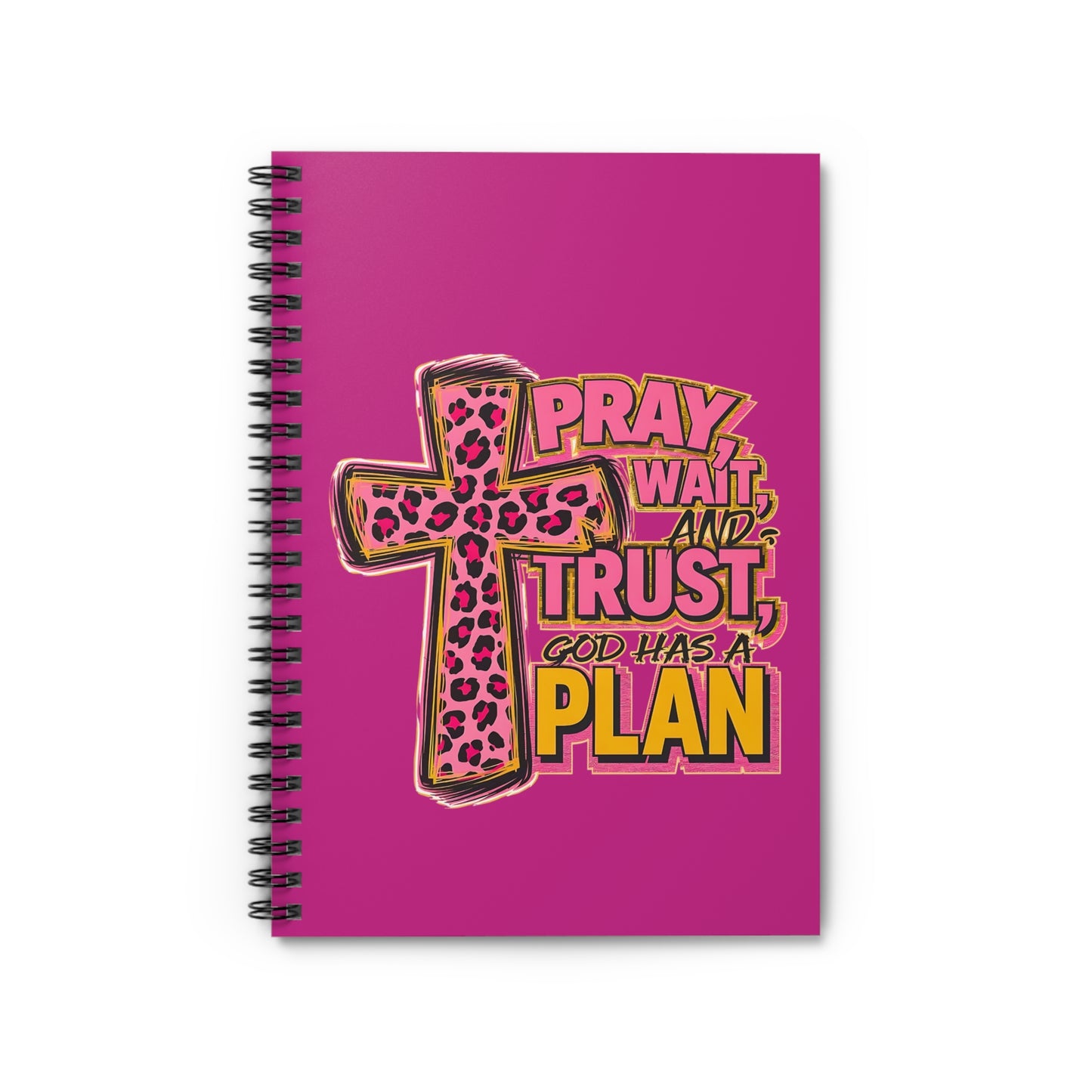 Pray, Wait & Trust Spiral Notebook — Pink Leopard Cross Inspirational Journal