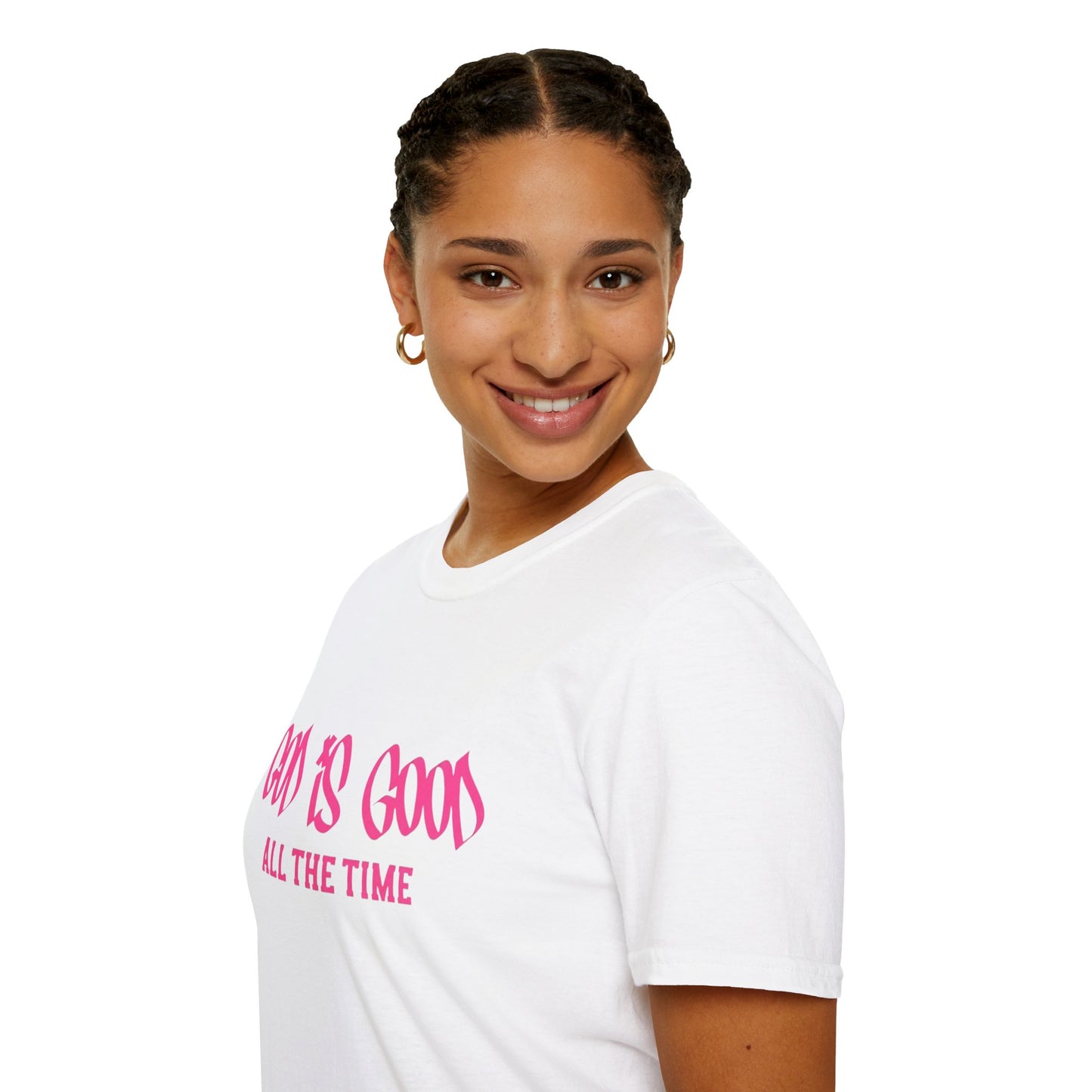 God Is Good All The Time T-Shirt — Faith-Based Christian Tee (Pink Script)