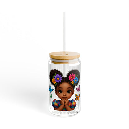 16oz Sipper Glass - Cute Afro Girl with Flowers & Butterflies