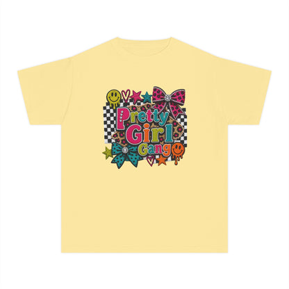 Pretty Girl Gang Youth Tee - Colorful Bow & Checkerboard Graphic Shirt