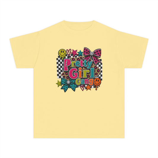 Pretty Girl Gang Youth Tee - Colorful Bow & Checkerboard Graphic Shirt