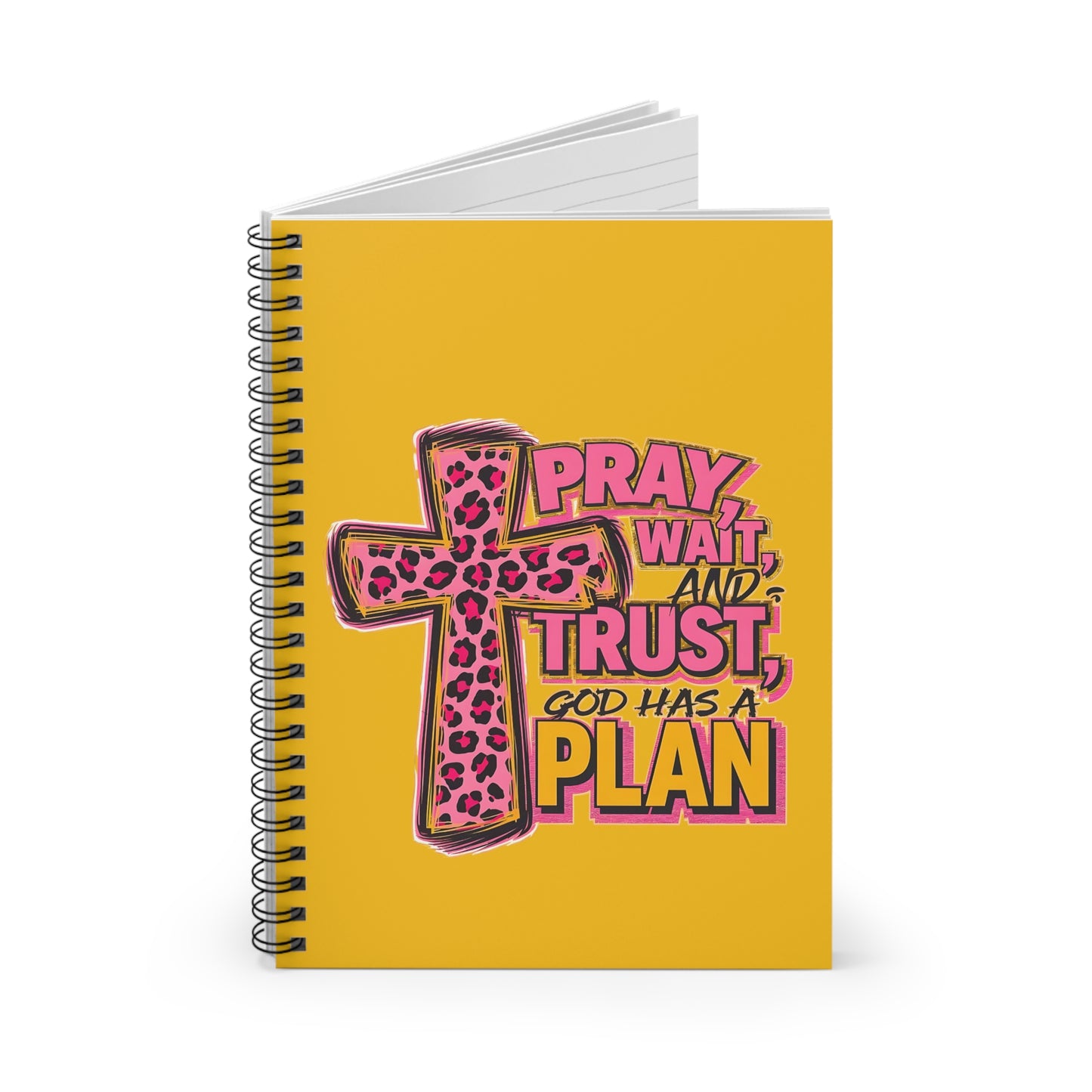 Christian Spiral Notebook — "Pray, Wait, Trust, God Has a Plan" Pink Leopard Cross