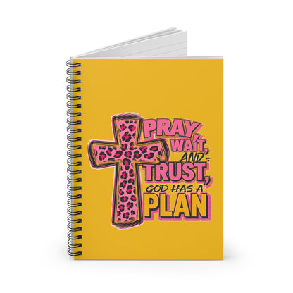 Christian Spiral Notebook — "Pray, Wait, Trust, God Has a Plan" Pink Leopard Cross