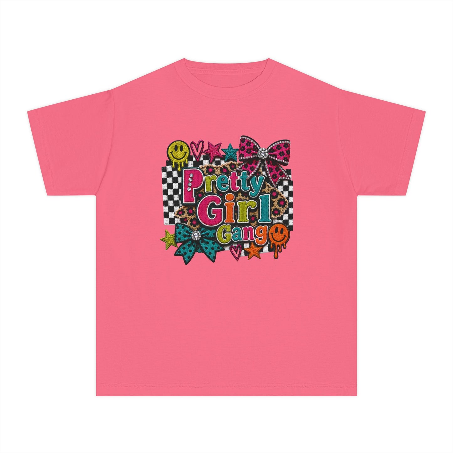Pretty Girl Gang Youth Tee - Colorful Bow & Checkerboard Graphic Shirt
