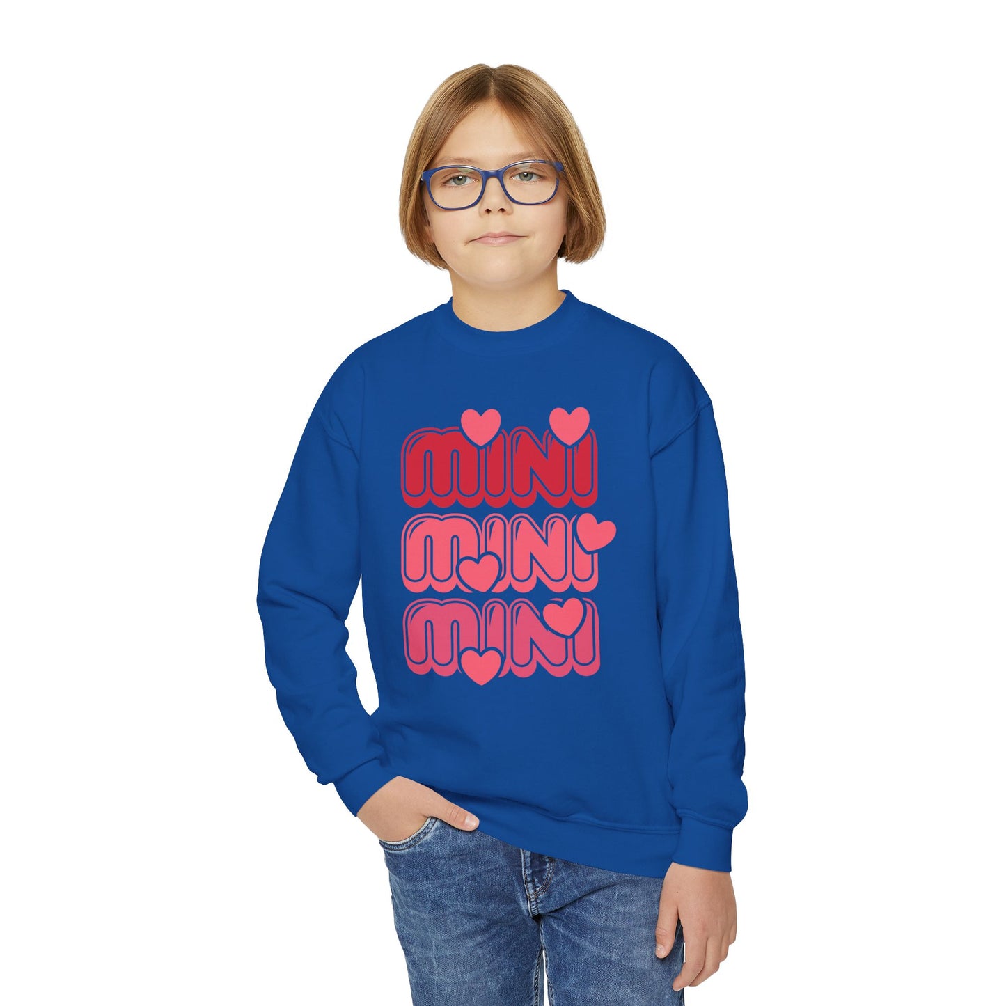 Youth Crewneck Sweatshirt — "Mini Mini Mini" Pink Heart Retro Graphic