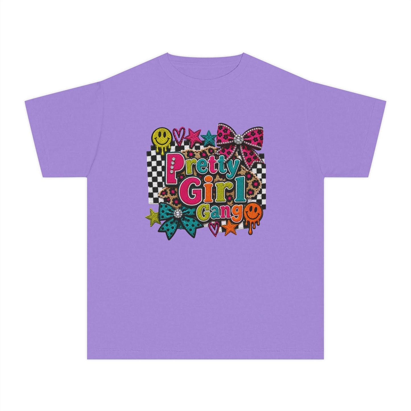 Pretty Girl Gang Youth Tee - Colorful Bow & Checkerboard Graphic Shirt