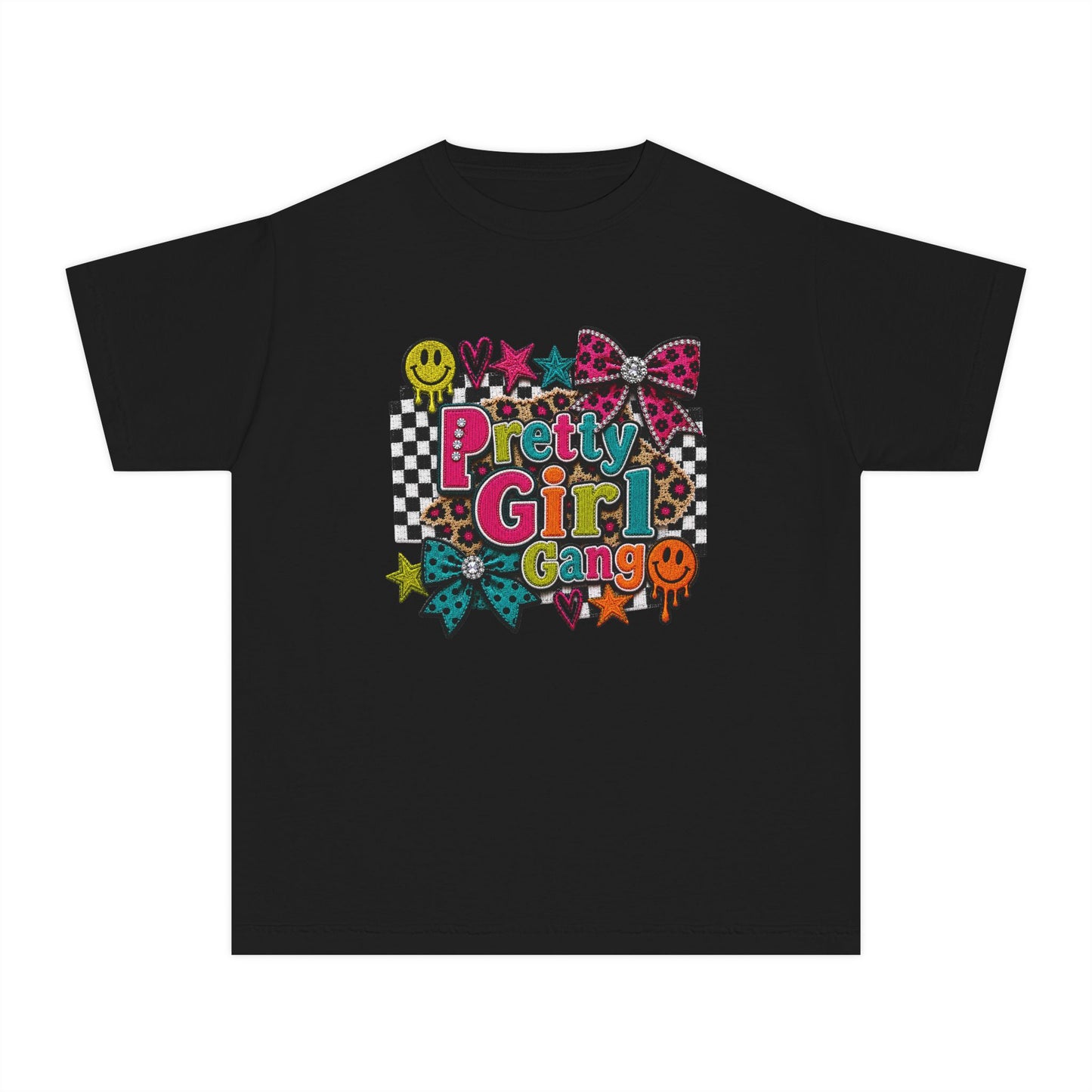 Pretty Girl Gang Youth Tee - Colorful Bow & Checkerboard Graphic Shirt