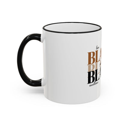 Black Pride Accent Rim Mug – "Black" Typography with Love • Joy • Excellence • History (11oz/15oz)