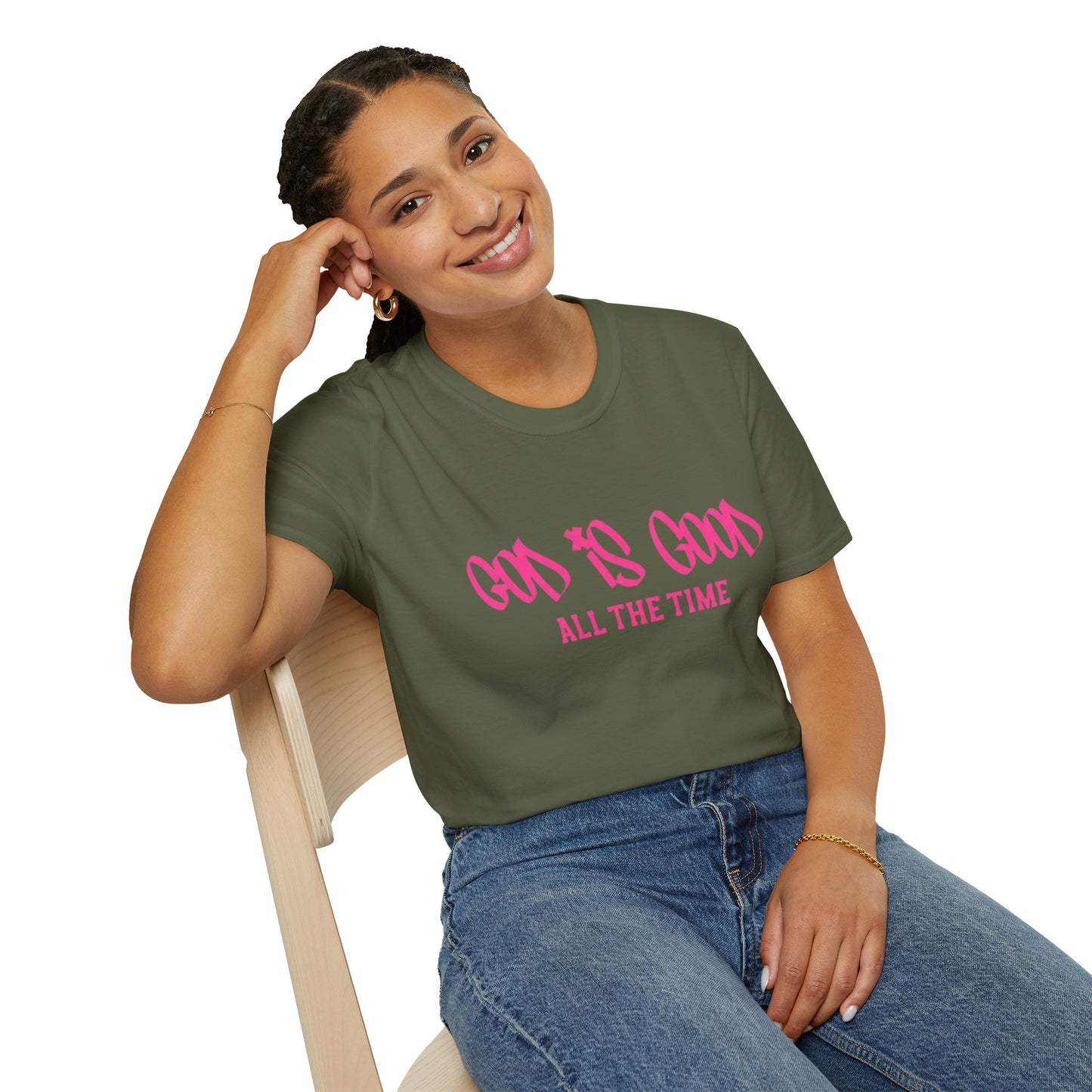God Is Good All The Time T-Shirt — Faith-Based Christian Tee (Pink Script)