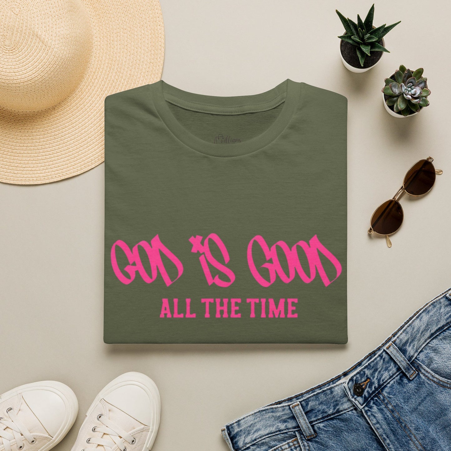 God Is Good All The Time T-Shirt — Faith-Based Christian Tee (Pink Script)